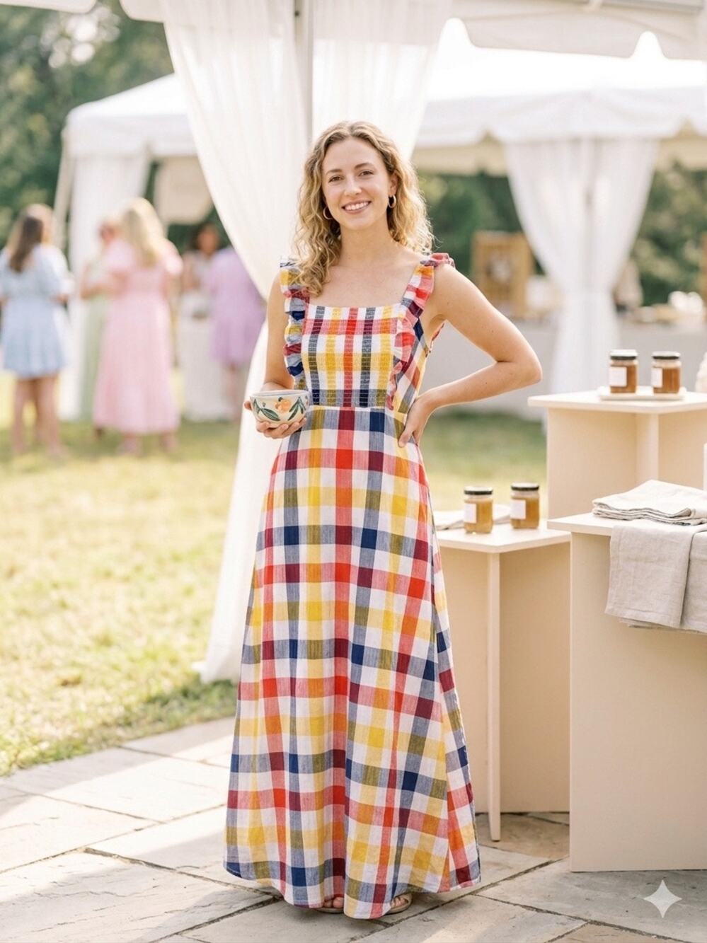 Picnic Plaid Maxi SunDress Smocked Ruffle Cotton Americana Coastal Multi Small